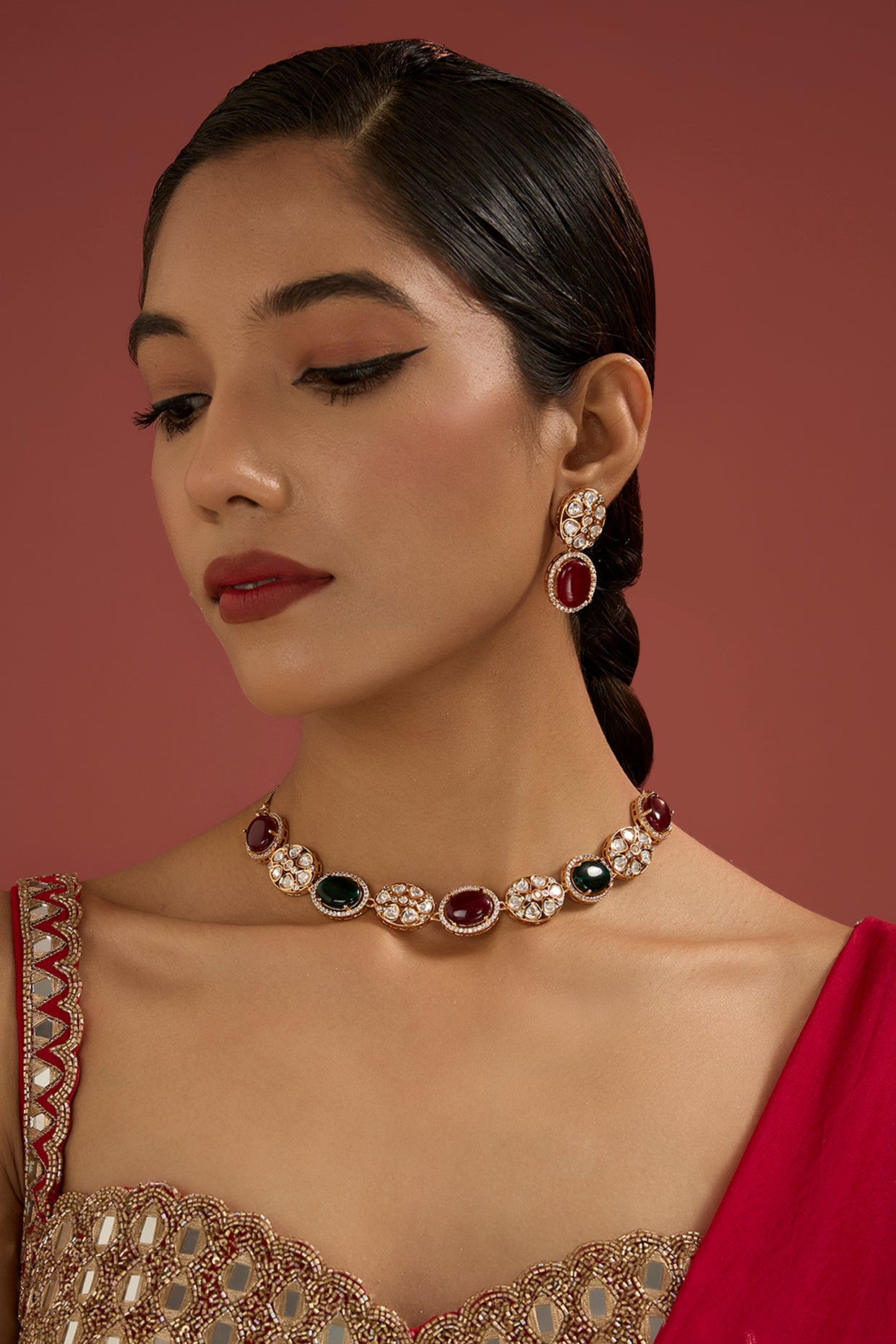 Gold Plated Ruby & Emerald Stone Necklace Set