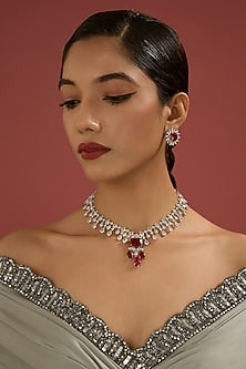 White Finish Ruby Red Cubic Zirconia Necklace Set