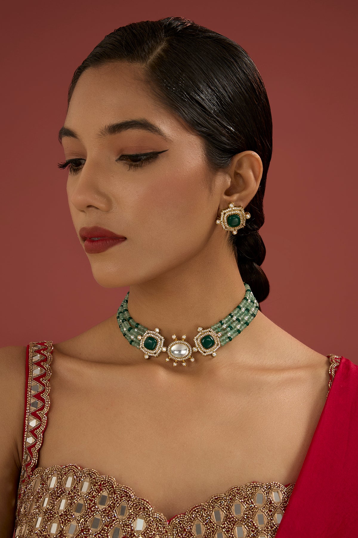 Gold Plated Kundan Polki & Green Beaded Choker Necklace Set