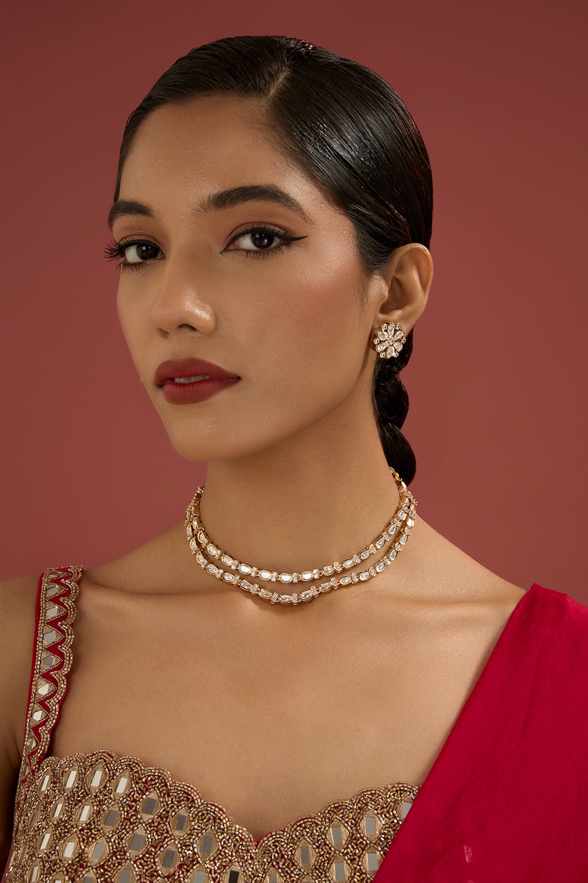 Gold Plated Kundan Polki Layered Necklace Set