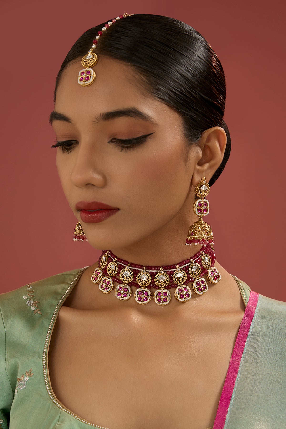 Two Tone Finish Kundan Polki & Ruby Beaded Choker Necklace Set
