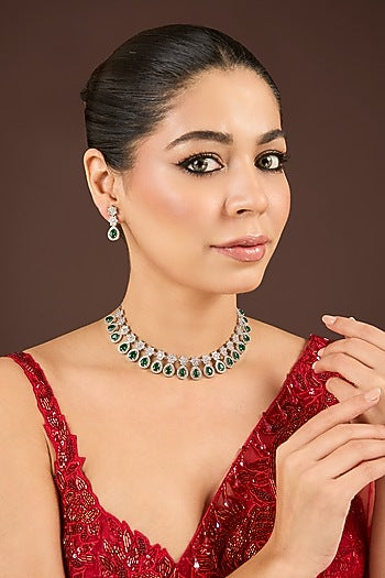 White Gold Finish Cubic Zirconia & Emerald Stone Necklace Set