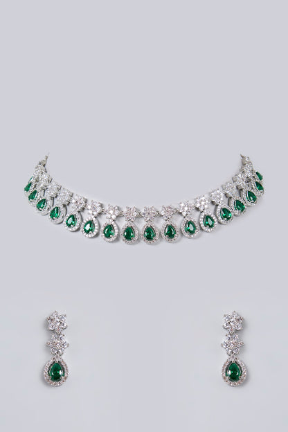 White Gold Finish Cubic Zirconia & Emerald Stone Necklace Set