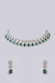 White Gold Finish Cubic Zirconia & Emerald Stone Necklace Set