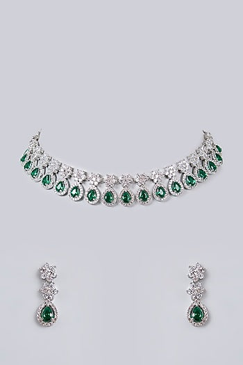 White Gold Finish Cubic Zirconia & Emerald Stone Necklace Set
