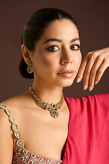 Antique Gold Finish Green & Red Stone Necklace Set