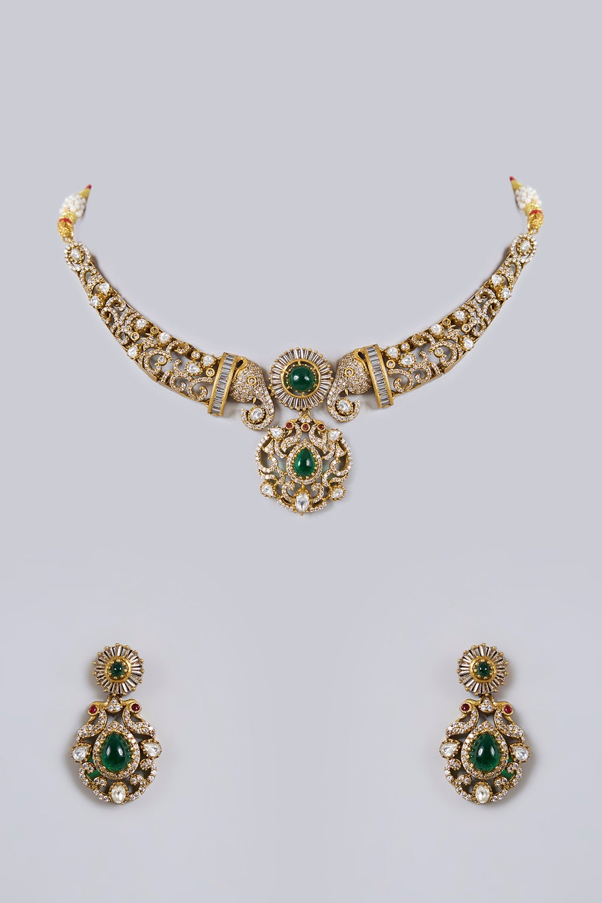 Antique Gold Finish Green & Red Stone Necklace Set