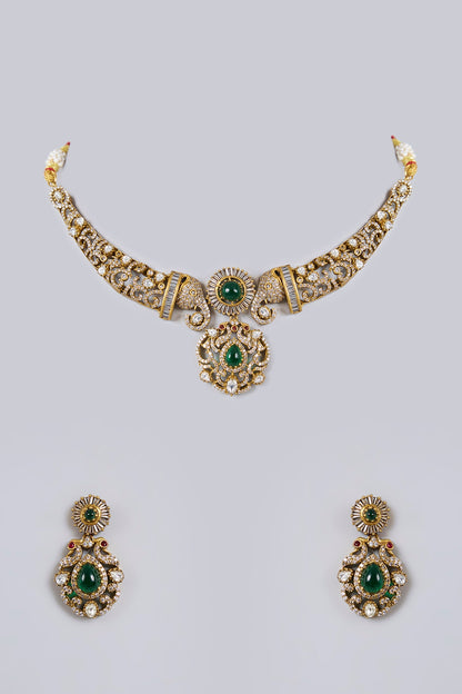 Antique Gold Finish Green & Red Stone Necklace Set