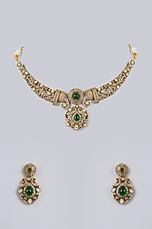 Antique Gold Finish Green & Red Stone Necklace Set