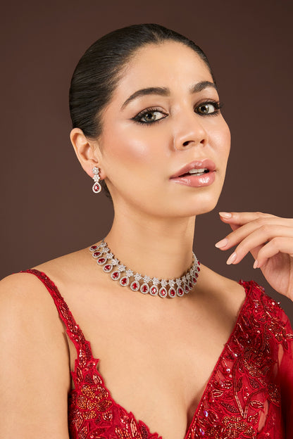 White Gold Finish Diamond & Red Cubic Zirconia Necklace Set
