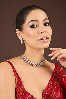 White Gold Finish Diamond & Red Cubic Zirconia Necklace Set