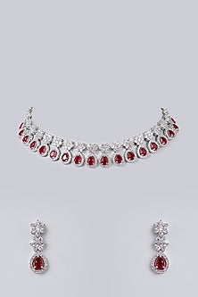 White Gold Finish Diamond & Red Cubic Zirconia Necklace Set