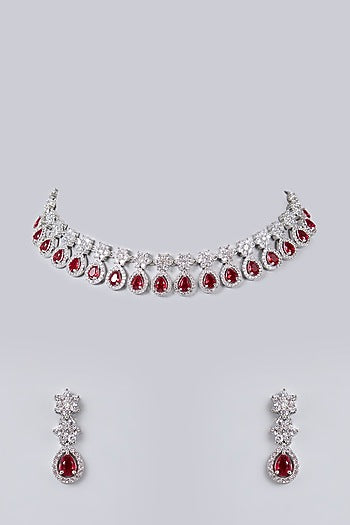 White Gold Finish Diamond & Red Cubic Zirconia Necklace Set