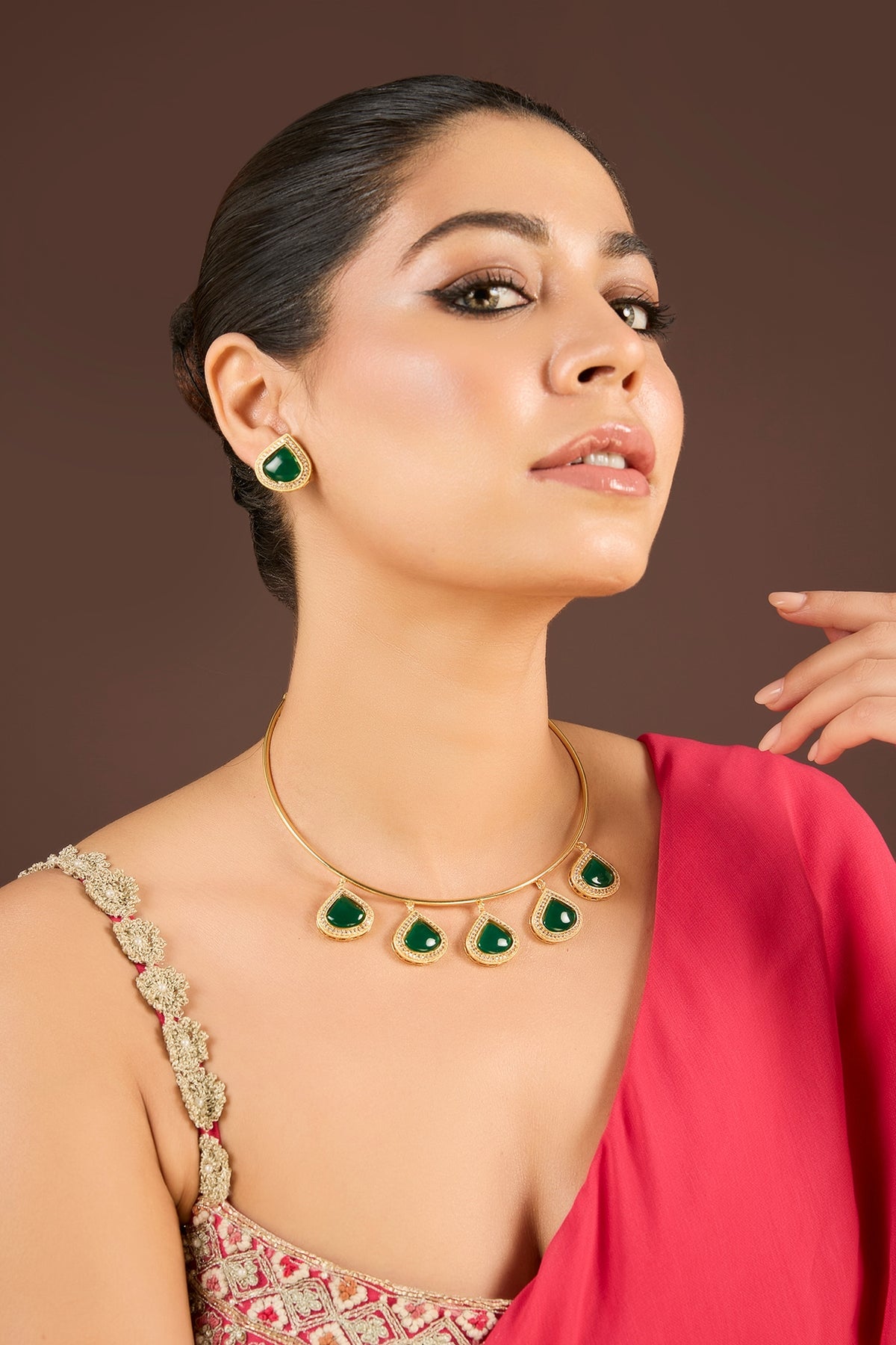 Gold Plated Kundan Polki & Emerald Stone Necklace Set