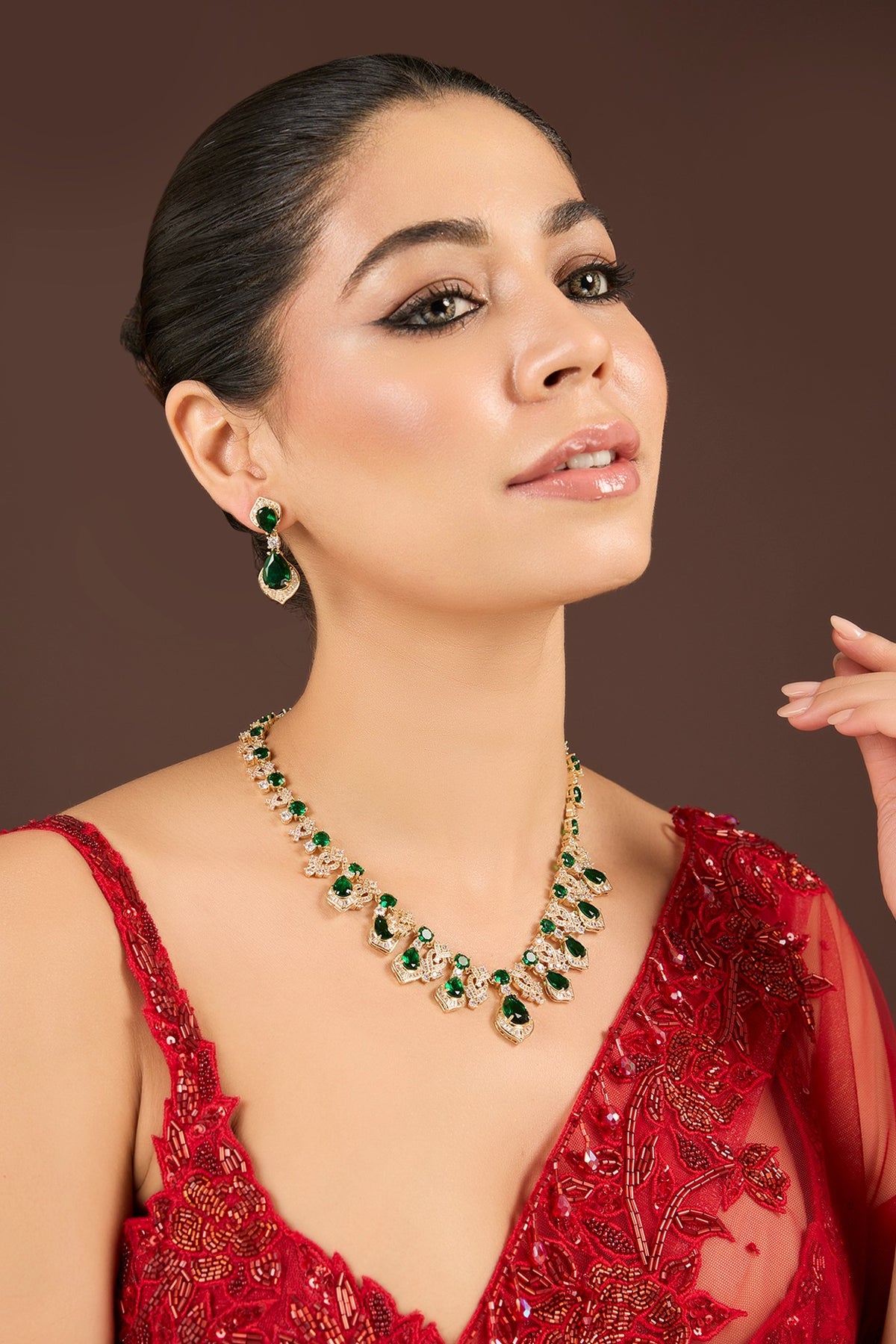 Gold Plated Diamond & Emerald Cubic Zirconia Necklace Set