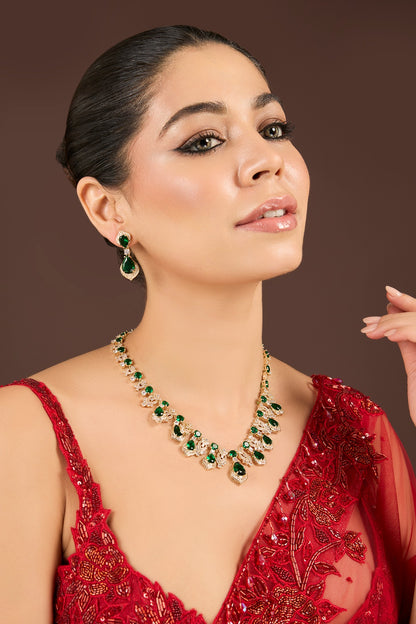 Gold Plated Diamond & Emerald Cubic Zirconia Necklace Set