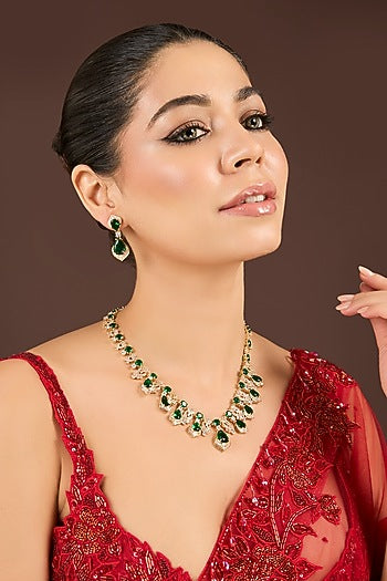 Gold Plated Diamond & Emerald Cubic Zirconia Necklace Set