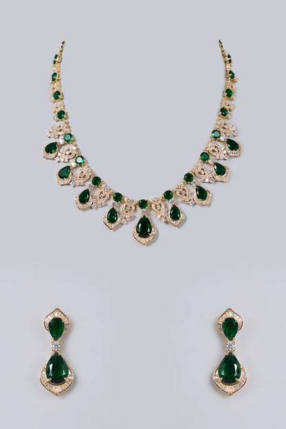 Gold Plated Diamond & Emerald Cubic Zirconia Necklace Set