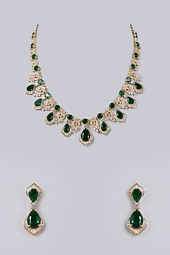 Gold Plated Diamond & Emerald Cubic Zirconia Necklace Set