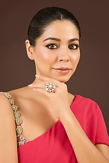 Gold Plated Kundan Polki & Crystal Ring