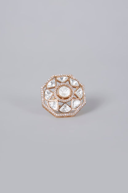 Gold Plated Kundan Polki & Crystal Ring