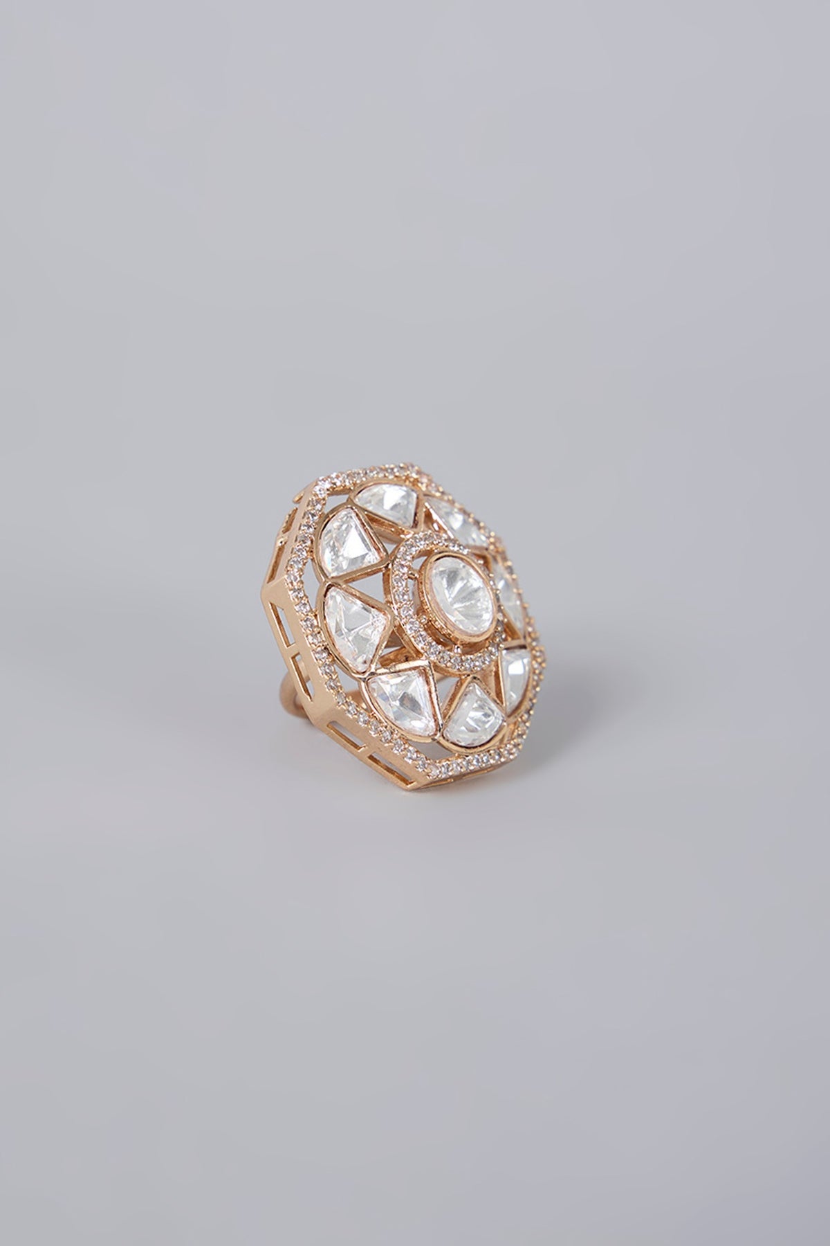 Gold Plated Kundan Polki & Crystal Ring