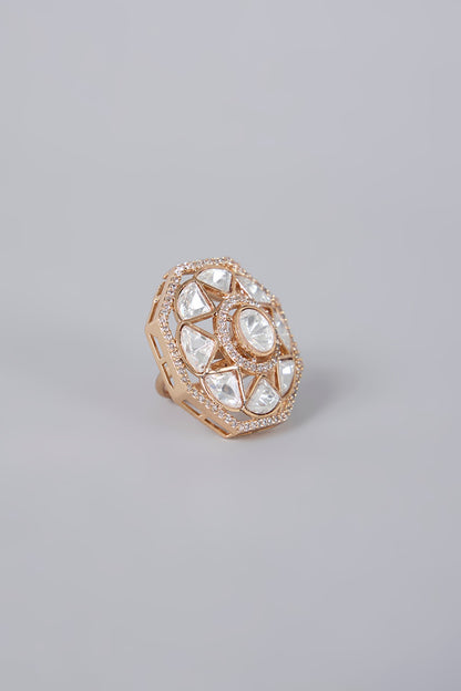 Gold Plated Kundan Polki & Crystal Ring
