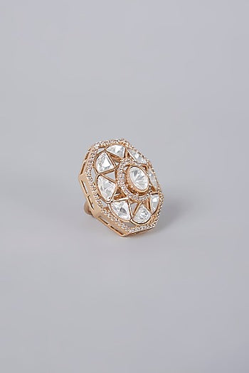 Gold Plated Kundan Polki & Crystal Ring