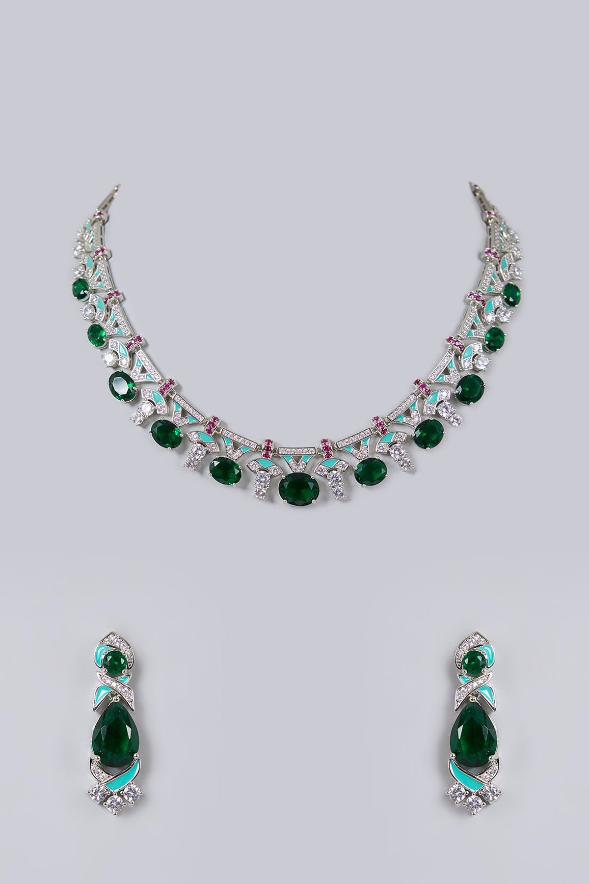 White Gold Finish Pink Cubic Zirconia & Blue Enameled Necklace Set