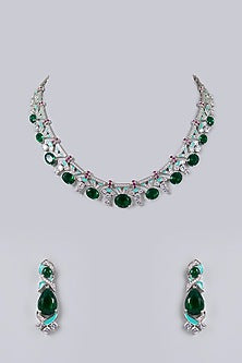 White Gold Finish Pink Cubic Zirconia & Blue Enameled Necklace Set
