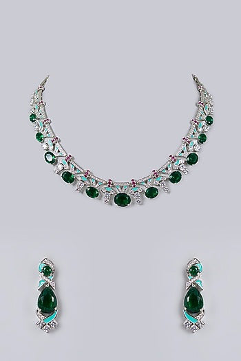 White Gold Finish Pink Cubic Zirconia & Blue Enameled Necklace Set