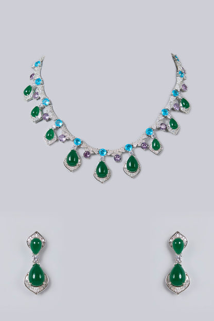 White Gold Finish Diamond & Multi-Colored Cubic Zirconia Necklace Set