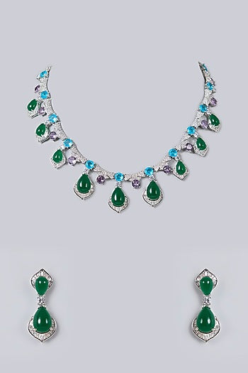 White Gold Finish Diamond & Multi-Colored Cubic Zirconia Necklace Set