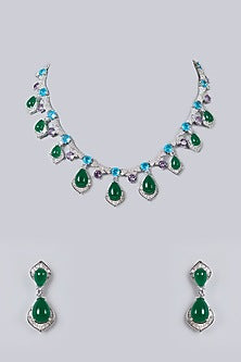 White Gold Finish Diamond & Multi-Colored Cubic Zirconia Necklace Set