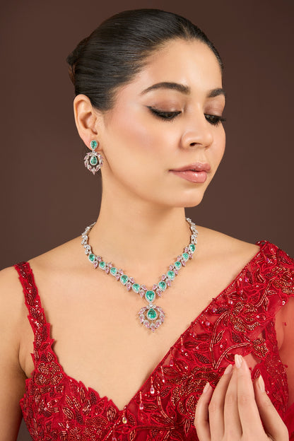 White Gold Finish Diamond & Emerald Cubic Zirconia Necklace Set