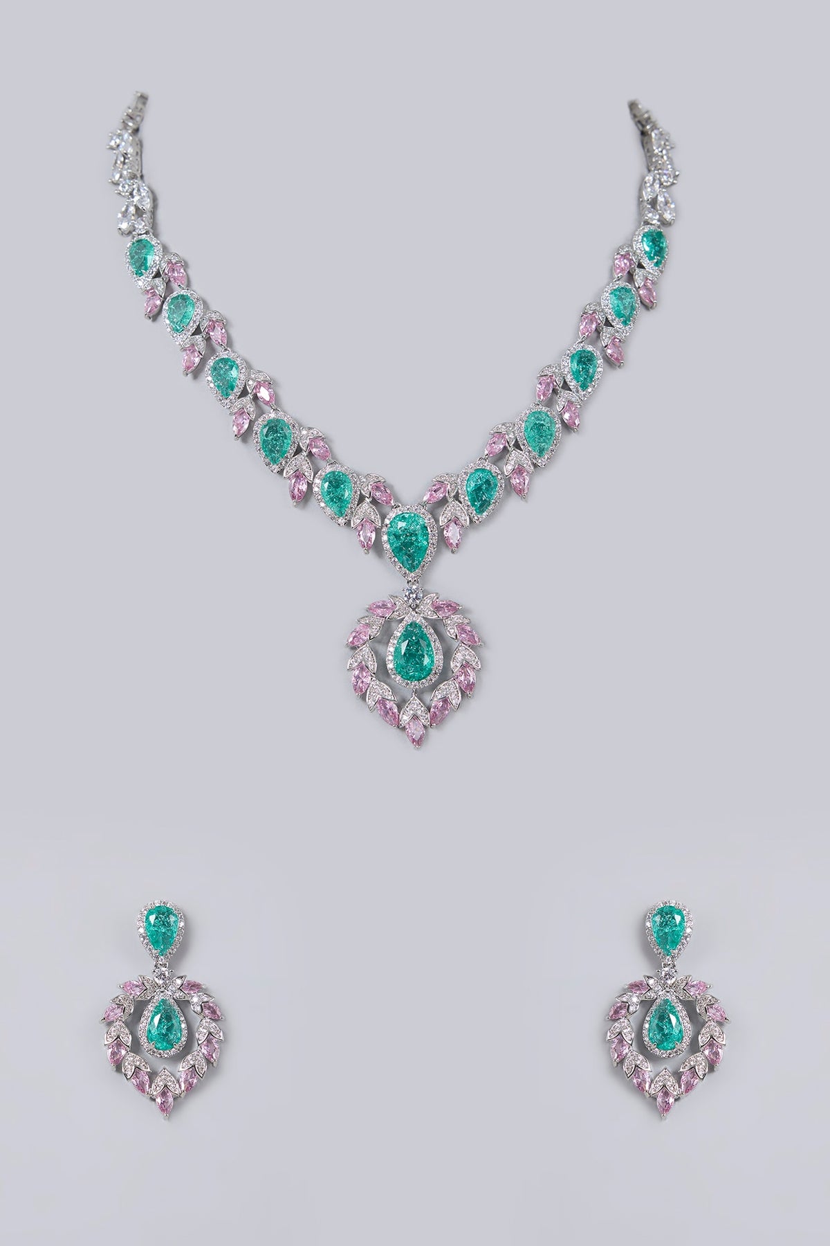 White Gold Finish Diamond & Emerald Cubic Zirconia Necklace Set