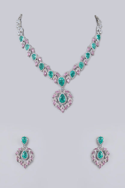 White Gold Finish Diamond & Emerald Cubic Zirconia Necklace Set