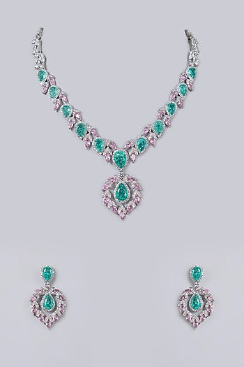 White Gold Finish Diamond & Emerald Cubic Zirconia Necklace Set