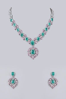 White Gold Finish Diamond & Emerald Cubic Zirconia Necklace Set