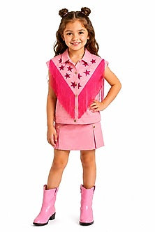 Pink Denim Twill Fringe Star Embroidered Skirt Set For Girls