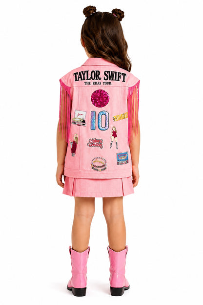Pink Denim Twill Fringe Star Embroidered Skirt Set For Girls