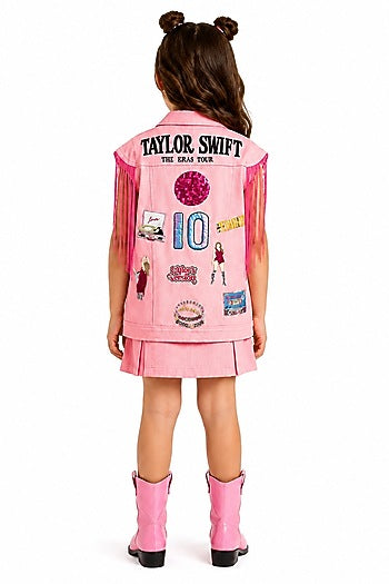 Pink Denim Twill Fringe Star Embroidered Skirt Set For Girls