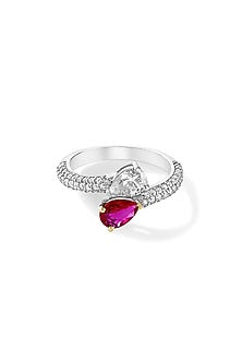 White Rhodium Plated Ruby & Cubic Zircon Ring In Sterling Silver