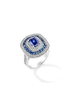 White Rhodium Plated Blue Sapphire & Cubic Zircon Ring In Sterling Silver