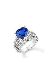 White Rhodium Plated Blue Sapphire & Cubic Zircon Ring In Sterling Silver