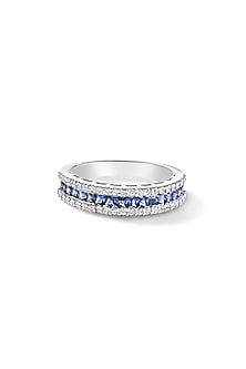 White Rhodium Plated Blue Sapphire & Cubic Zircon Band Ring In Sterling Silver