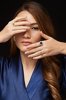 White Rhodium Plated Emerald & Cubic Zircon Ring In Sterling Silver