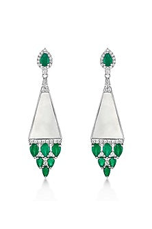 White Rhodium Plated Emerald & Mother Of Pearl Dangler Earrings In Sterling Silver