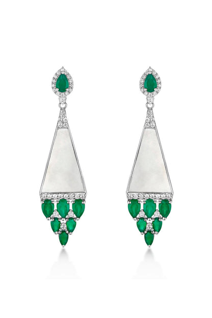 White Rhodium Plated Emerald & Mother Of Pearl Dangler Earrings In Sterling Silver