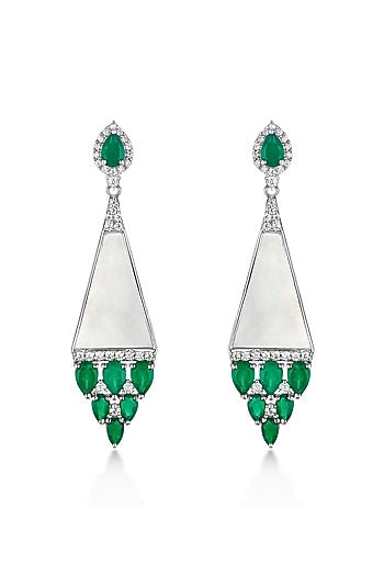 White Rhodium Plated Emerald & Mother Of Pearl Dangler Earrings In Sterling Silver